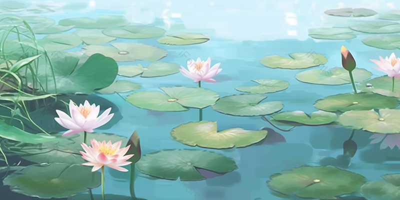 绿色盛开荷花荷塘插画背景,插画/手绘图,插画/手绘图库,插画/手绘图下载,插画/手绘